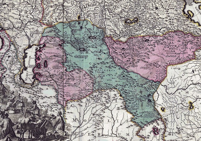 Старая карта Средней и Центральной Азии, на которой зеленым цветом отмечены земли Джунгарии