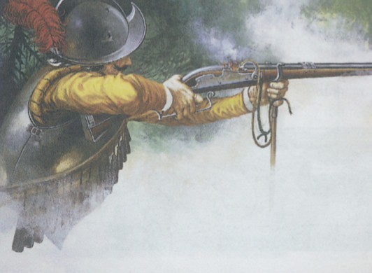 Мушкетер начала XVII в. стреляет из мушкета с фитильным запалом