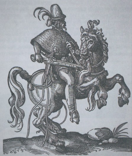 Кавалерист, вооруженный пистолетом с колесцовым замком (иллюстрация из книги Йоста Аммана «Kunstbuchlin», изданной во Франкфурте в 1599 г.)