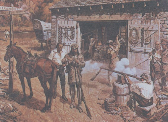 На картине «Торговля у реки Монангахилы» кисти Гейл Хоскинс изображен типичный обитатель лесной глуши