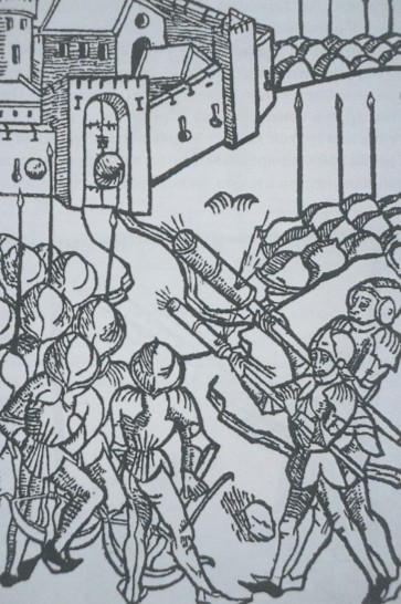 Стрельба из ручниц в XV в. Иллюстрация из книги «Rudimen- tum Noviciorum», изданной в Любеке