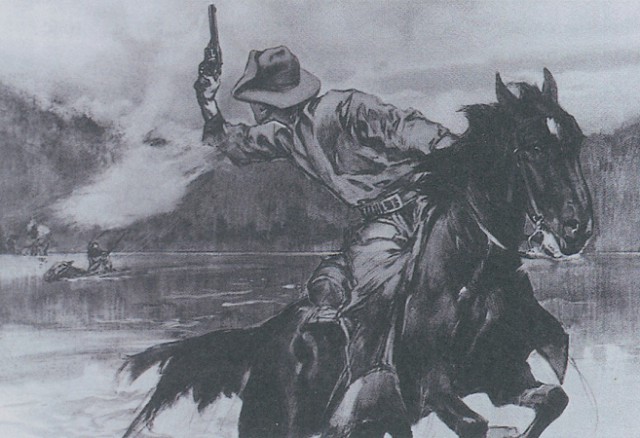 Ковбой пришпоривает коня и спасается от индейцев, отстреливаясь из револьвера