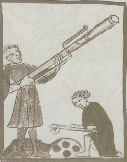 Стрелок, изображенный на рисунке из манускрипта XV в., стреляет из ружья, зажав приклад под мышкой