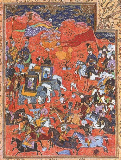 Сражение войска Тимура с индийцами. Персидская миниатюра. XVI в.
