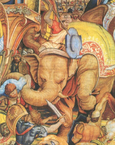 Так в XVII в. представляли себе сражение со слонами европейские художники