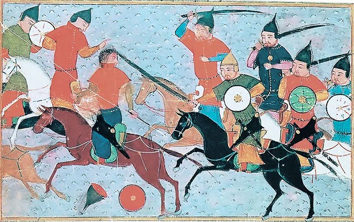 Монголы сражаются с китайцами и обращают их в бегство. Миниатюра из книги XV века