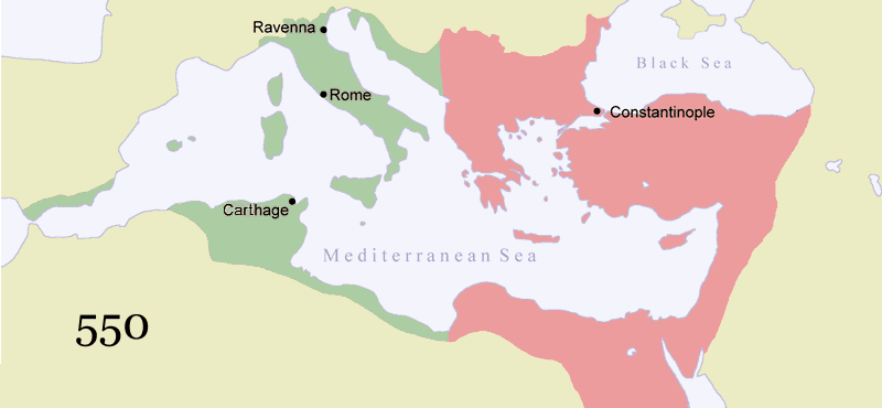 Изменение границ Византийской Империи с 550 по 1400 гг.