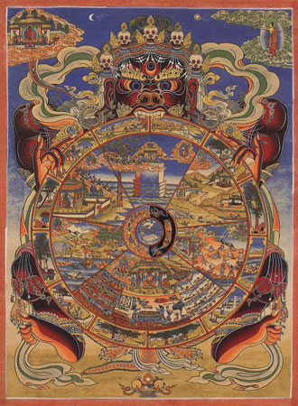 Традиционная Тибетская Тханка на которой изображенно Колесо Жизни с шести мирами живых существ, относится к буддистской религии